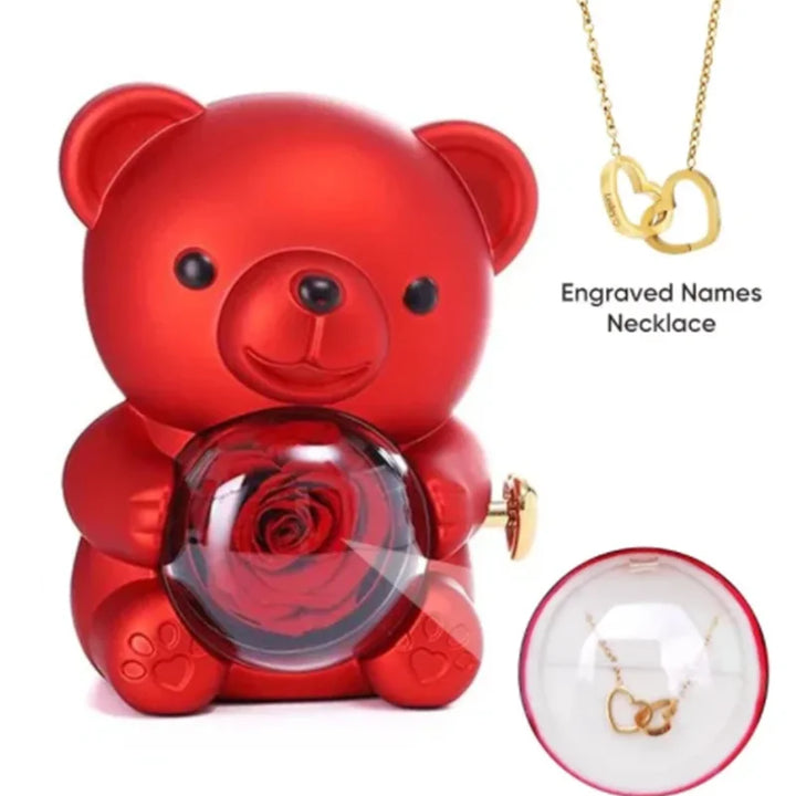 Rose Bear W/ Forever Rose
& Heart Necklace